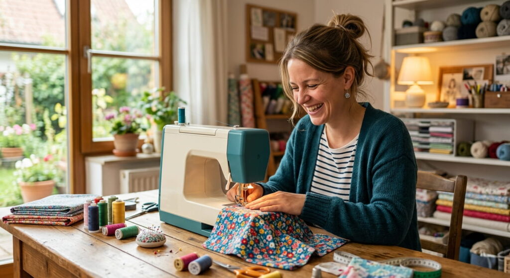 glückliche Frau beim Nähen blogzimmer.de Sidebar